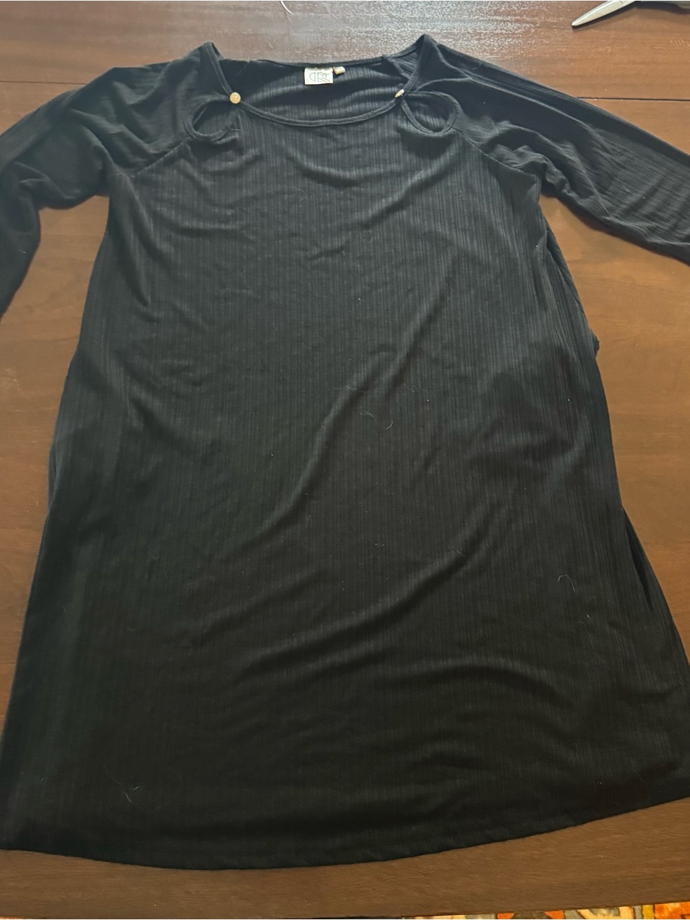 Women's Black Ribbed Mini Dress with Decorative Ring Details